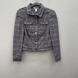 White House Black Market Pink White Plaid Crop Button Blazer Jacket Womens sz XS